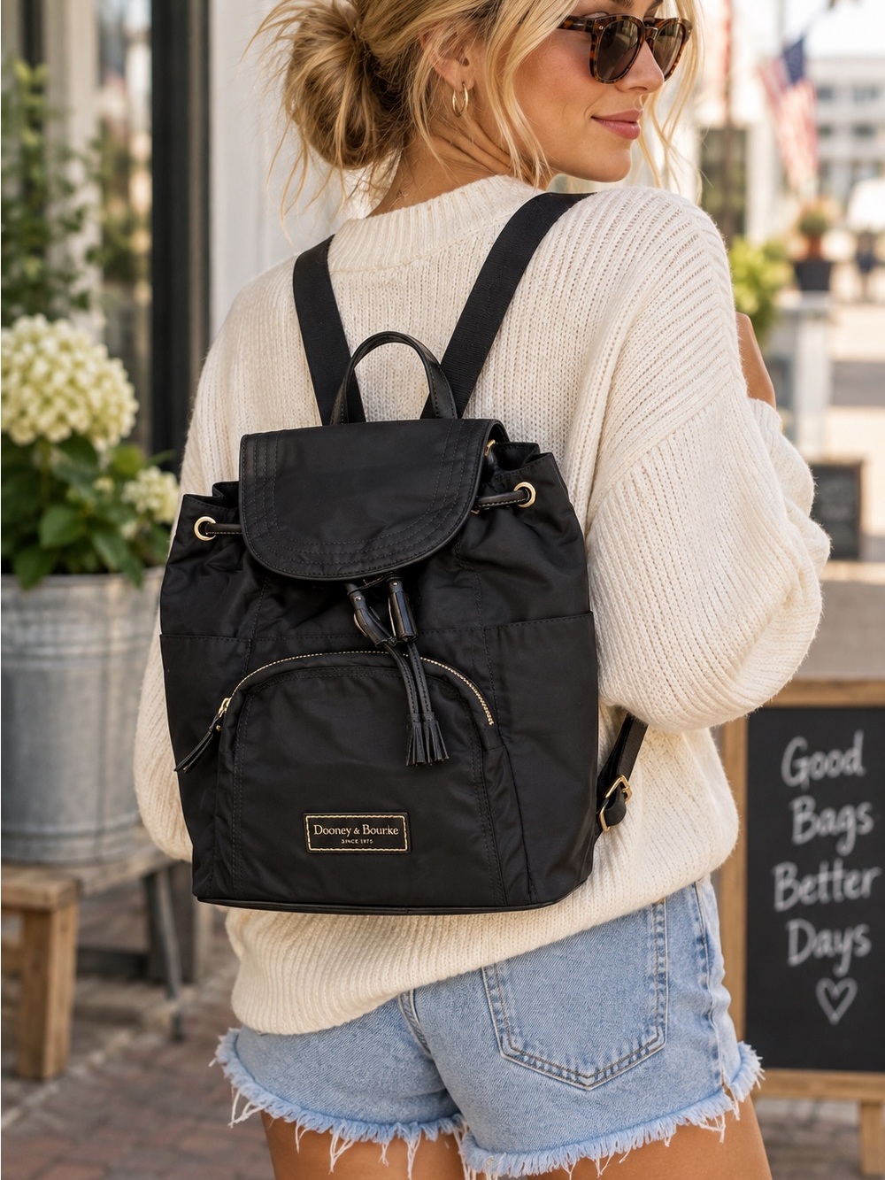 Dooney & Bourke Black Nylon Drawstring Backpack Leather Trim Tassel